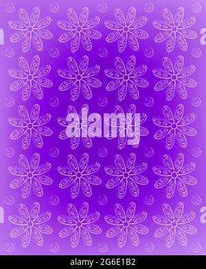 Background image is purple with rows of soft, white daisies.  Whispy polka dots fill space between flowers and white vignette frames image. Stock Photo