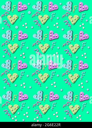 Party confetti fills a aqua background.  3D polka dotted hearts, swirls and polka dots fill image. Stock Photo