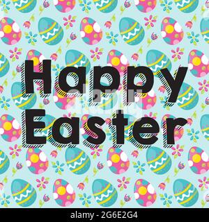 Happy Easter template for flyer, poster, banner with eggs in basket and trees in colorful background - vector illustration Stock Vector