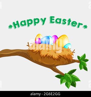 Happy Easter template for flyer, poster, banner with eggs in basket and trees in colorful background - vector illustration Stock Vector