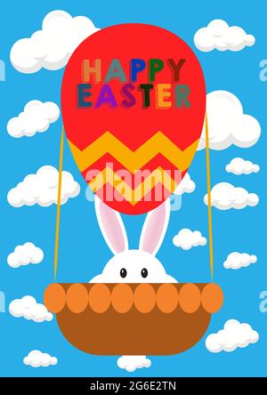Happy Easter template for flyer, poster, banner with eggs in basket and trees in colorful background - vector illustration Stock Vector