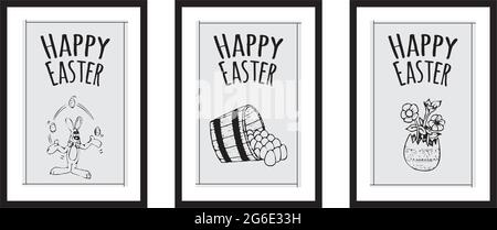 Three different design minimalist poster for happy easter in black frame with eggs,nest, typography - vector Stock Vector