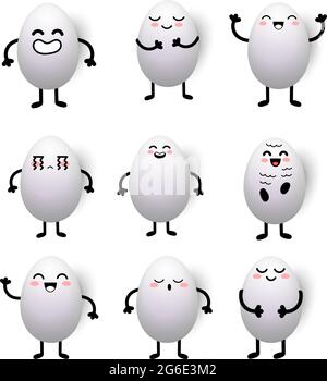 Happy Easter white eggs nine different face cartoon isolated on white background - vector illustration Stock Vector