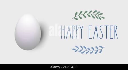 Happy Easter template for flyer, poster, banner with eggs in basket and trees in colorful background - vector illustration Stock Vector