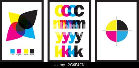 Three different design minimalist poster in black frame cmyk, cyan,magenta,yellow,black multiplay colors- vector illustration Stock Vector