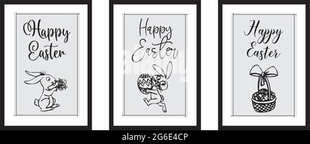 Three different design minimalist poster for happy easter in black frame with eggs,nest, typography - vector Stock Vector