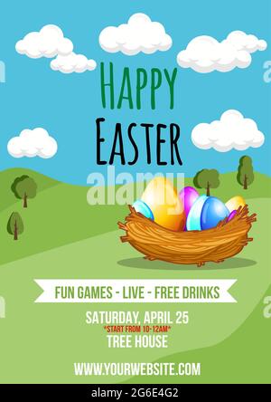 Happy Easter template for flyer, poster, banner with eggs in basket and trees in colorful background - vector illustration Stock Vector