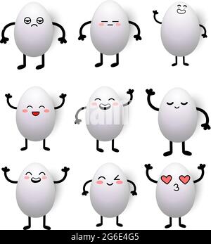 Happy Easter white eggs nine different face cartoon isolated on white background - vector illustration Stock Vector