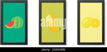 Three minimalist posters in modern black frame, fruits watermelon,banana and lemon - vector illustration Stock Vector