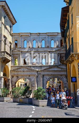 Roman city gate Porta dei Borsari Verona Veneto Italy Stock Photo