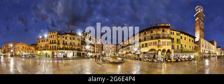 360 panorama of the city square Piazza delle Erbe and former Roman Forum with fountain Fontana Madonna Verona and the medieval tower Torre dei Stock Photo