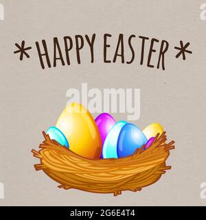 Happy Easter template for flyer, poster, banner with eggs in basket and trees in colorful background - vector illustration Stock Vector