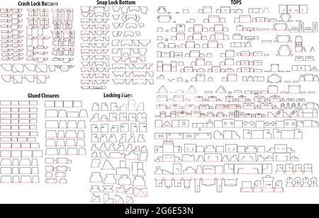 Any kind of elements for create cardboard box, crash lock bottom, snap lock bottom, glued closures, locking flaps,top lids - die cut templates - vecto Stock Vector