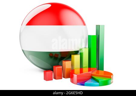 Hungarian flag with growth bar graph and pie chart. Business, finance, economic statistics in Hungary concept. 3D rendering isolated on white backgrou Stock Photo