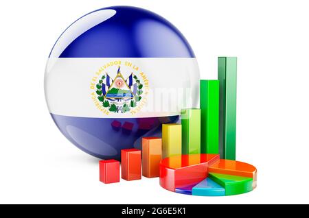 Salvadoran flag with growth bar graph and pie chart. Business, finance, economic statistics in El Salvador concept. 3D rendering isolated on white bac Stock Photo