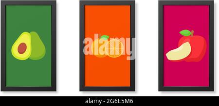 Three minimalist posters in modern black frame, fruits avocado,orange and red apple - vector illustration Stock Vector