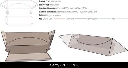 Face mask box triangular packaging design template on the top with perforation on the top, gluing on one place ,die cut - vector Stock Vector