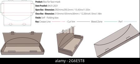Face mask box packaging design template on the top with perforation on the top, selflock ,die cut - vector Stock Vector