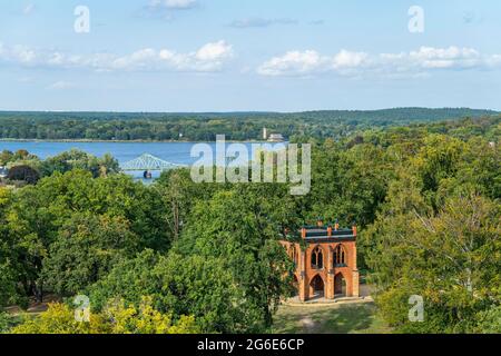 View from the Flatow Tower to the Court Arbour, Glienicke Bridge and Sacrow Church of the Saviour, Park Babelsberg, UNESCO World Heritage Site Stock Photo