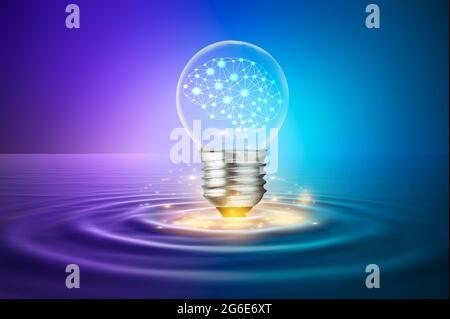 A light bulb with a brain inside is floating above the surface.concepts using imagination and ideas Stock Photo