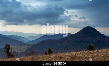 Cloudy sky over wooded hilltops, Tara National Park, Serbia Stock Photo