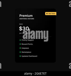 Monthly Fee for Premium App Service. Payment Interface with Cost and Features Description on Dark Background. Vector illustration Stock Vector