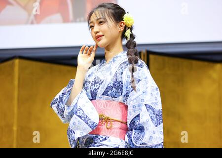 Tokyo, Japan. 05th July, 2021. The Japan Yukata Culture Association held the 'Miss Mister Japan Yukata 2021' announcement and award ceremony. Japanese fashion model Sato Rina won the award. on July 5, 2021 in Tokyo, Japan. (Photo by Kazuki Oishi/Sipa USA) Credit: Sipa USA/Alamy Live News Stock Photo