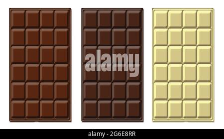 Milk, dark and white chocolate bar set on white background, vector illustration Stock Vector