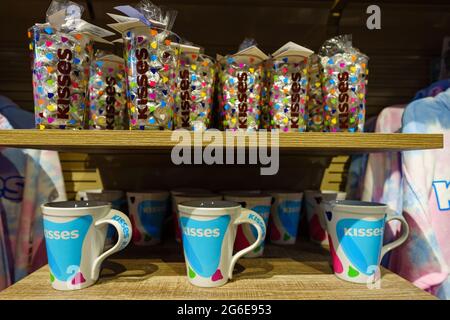 Hershey, PA, USA – June 27, 2021: Kisses merchandise in the Chocolateworld on display and offered for sale to visitors. Stock Photo