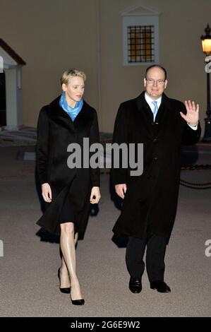 Prince Albert II of Monaco and his wife Princess Charlene attend the 'Push the button, Palace in blue' event turning Monaco Palace in Blue as part of the World Autism Awareness Day. Stock Photo