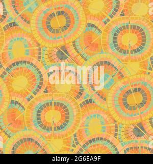 1970s style rainbow seamless vector pattern background. Backdrop with mosaic style oval pairs of rainbows in monochrome orange. Funky overlapping Stock Vector