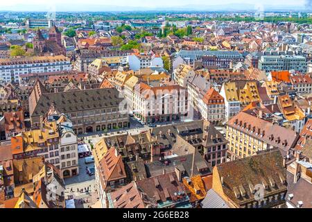 view to strasbourg building Skyline panoramic aerial view of Strasbourg old town, Grand Est region, France. Strasbourg Cathedral. View to Place Gutenberg square Stock Photo