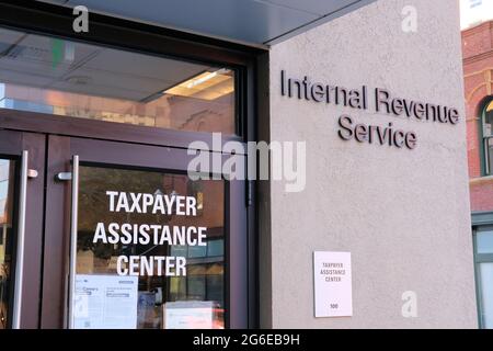 Exterior view of the Internal Revenue Service Taxpayer Assistance Center in San Jose, California; tax customer service center for helping taxpayers. Stock Photo