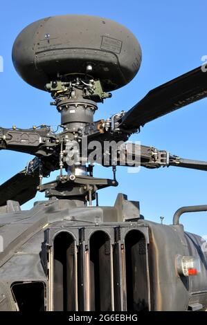 Longbow millimetre-wave fire control radar system mounted on the main rotor mast of a British Army Air Corps Westland WAH-64 Longbow Apache Stock Photo