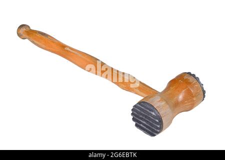 A wooden meat pestle with a metal tip. Accessories used in the home kitchen. Isolated background. Stock Photo