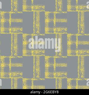 Abstract vector gauze brush effect rectangles seamless pattern background. Grid offset block backdrop of yellow grey coarse painterly squares with Stock Vector