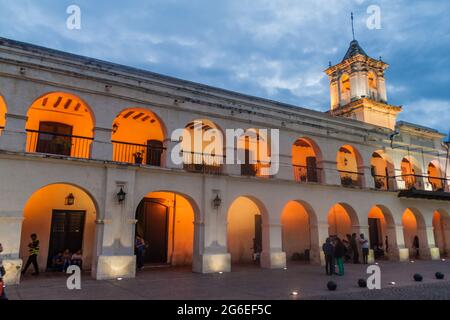 SALTA, ARGENTINA - APRIL 8, 2015: Building of the former town council (cabildo) on Plaza 9 de Julio square in Salta, Argentina. Stock Photo