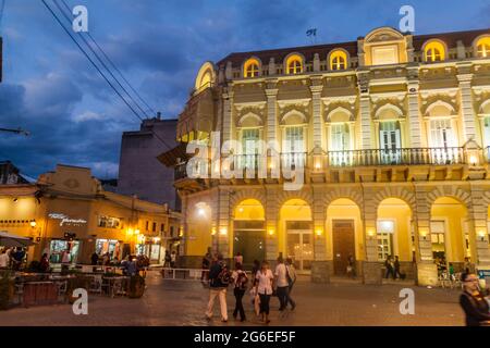 SALTA, ARGENTINA - APRIL 8, 2015: Night view of colonial buildings at Plaza 9 de Julio square in Salta. Stock Photo