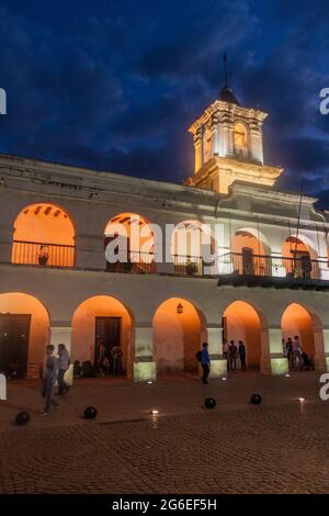 SALTA, ARGENTINA - APRIL 8, 2015: Building of the former town council (cabildo) on Plaza 9 de Julio square in Salta, Argentina. Stock Photo