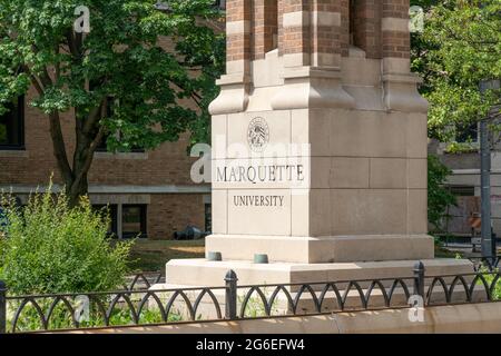 MILWAUKEE, WI,USA - JUNE 19, 2021 - Entrance gates and logo to Marquette University. Stock Photo