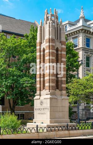 MILWAUKEE, WI,USA - JUNE 19, 2021 - Entrance gates and logo to Marquette University. Stock Photo