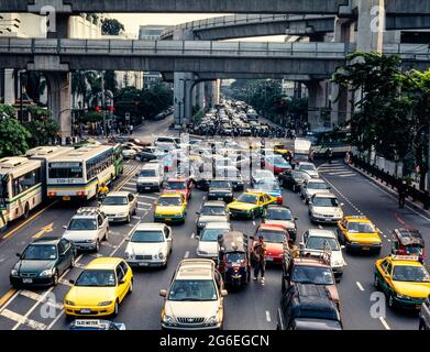 Traffic jam on Ratchadamri Road, Bangkok, Thailand Stock Photo