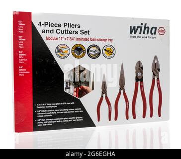 Winneconne, WI - 5 July 2021:  A package of Wiha hand tools cutter, pliers, long nose, needle nose, combination on an isolated background Stock Photo