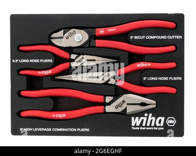 Winneconne, WI - 5 July 2021:  A package of Wiha hand tools cutter, pliers, long nose, needle nose, combination on an isolated background Stock Photo