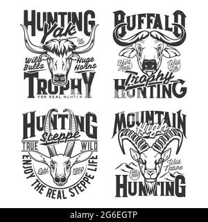 Bison, bighorn sheep ram and Cape buffalo hunting t-shirt vector prints.  Trophy hunting club mascot, hunter clothing print with retro typography,  Afri Stock Vector Image & Art - Alamy