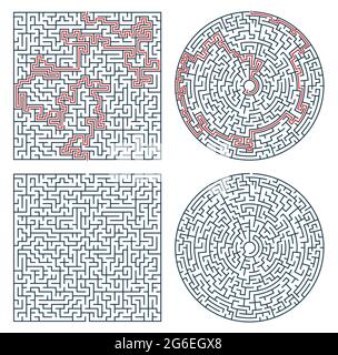 Labyrinth maze game. Vector puzzle with square and circle labyrinth. Find right way game, rebus, riddle or test, monochrome maze board game with red s Stock Vector