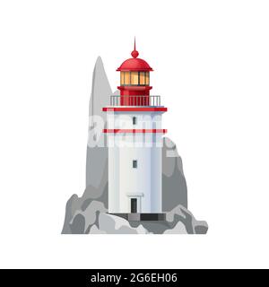 Sea lighthouse vector icon of nautical navigation safety tower. Isolated ocean beacon or lighthouse building with searchlight lamp, guide beam, seasid Stock Vector