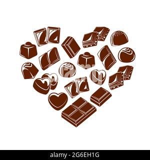 Chocolate bar pieces and candies heart. Chocolate truffle and bonbon with praline and toppings, vector bars with nut filling. Valentine holiday, weddi Stock Vector