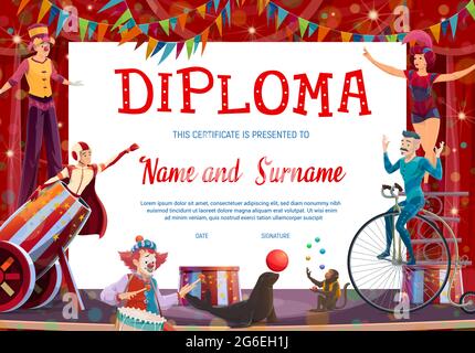 Kids diploma with shapito circus stage and performers, vector background. Graduation diploma, achievement certificate, appreciation award and winner g Stock Vector