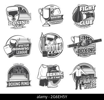 Boxing sport icons of vector box punching bags, boxer gloves and helmets. Boxing championship ring, belt, winner trophy cup and score board, referee a Stock Vector